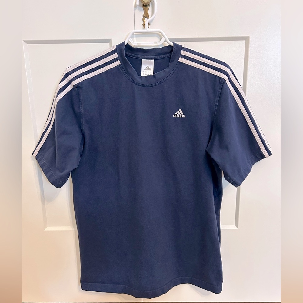 Adidas Dark Navy Blue Short Sleeve Tee Small Signature White Stripes 2005